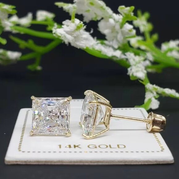 14k solid yellow gold stud earrings princess cut simulated diamonds 6mm - Picture 3 of 4